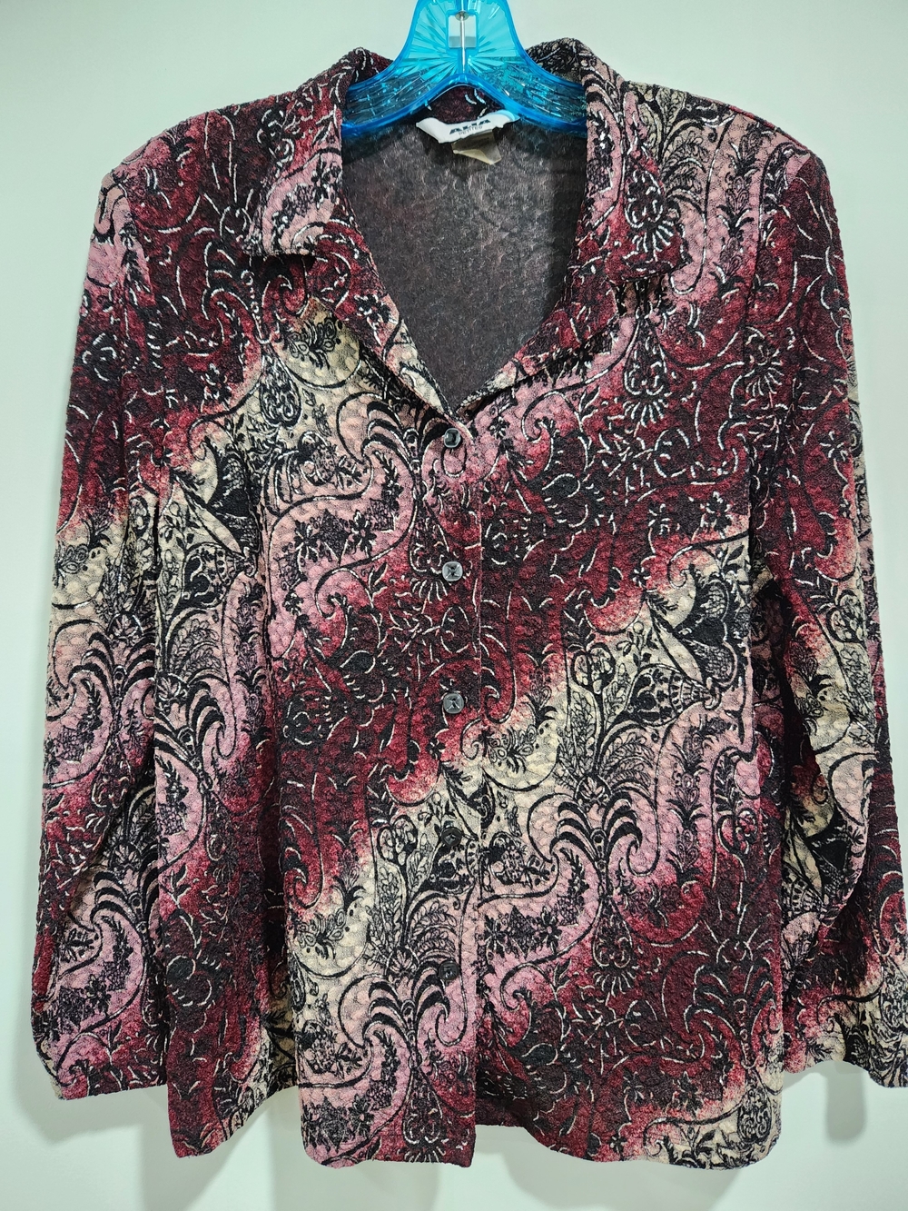 Alia Burgundy, Pink and Cream Patterned Button-Down Shirt 90's
